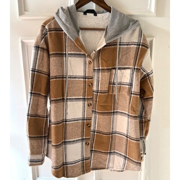 ChicMe Plaid Hooded Jacket Size L Camel Brown Fleece Lined Casual Boho Shacket - Picture 8 of 10